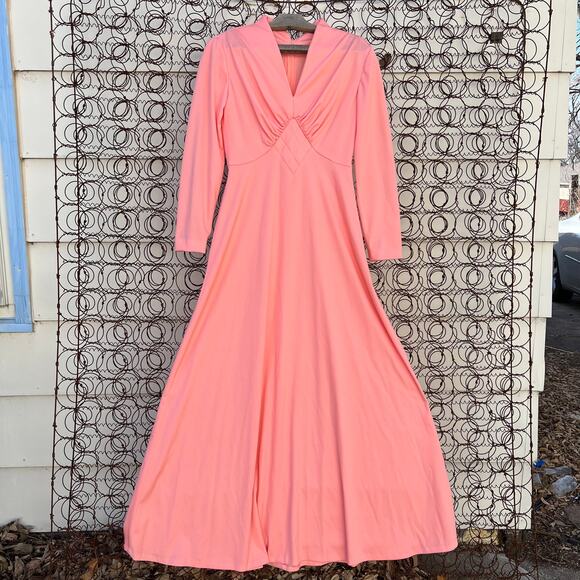 Vintage 60s Peach Coral Polyester A Line Long Sleeve Maxi Dress - Picture 4 of 9